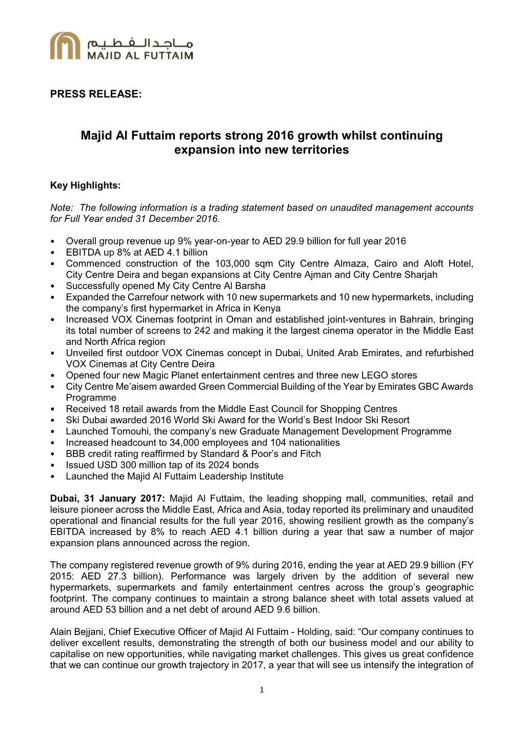 Majid Al Futtaim Reports Strong 2016 Growth Whilst Continuing Expansion Into New Territories