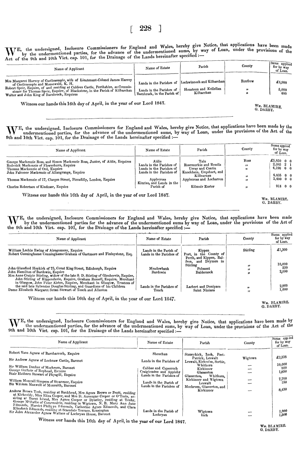 England and Wales, Hereby Give Notice, That Applications Have Been Made of the Undermentioned Sums, by Way of Loan, Under Th