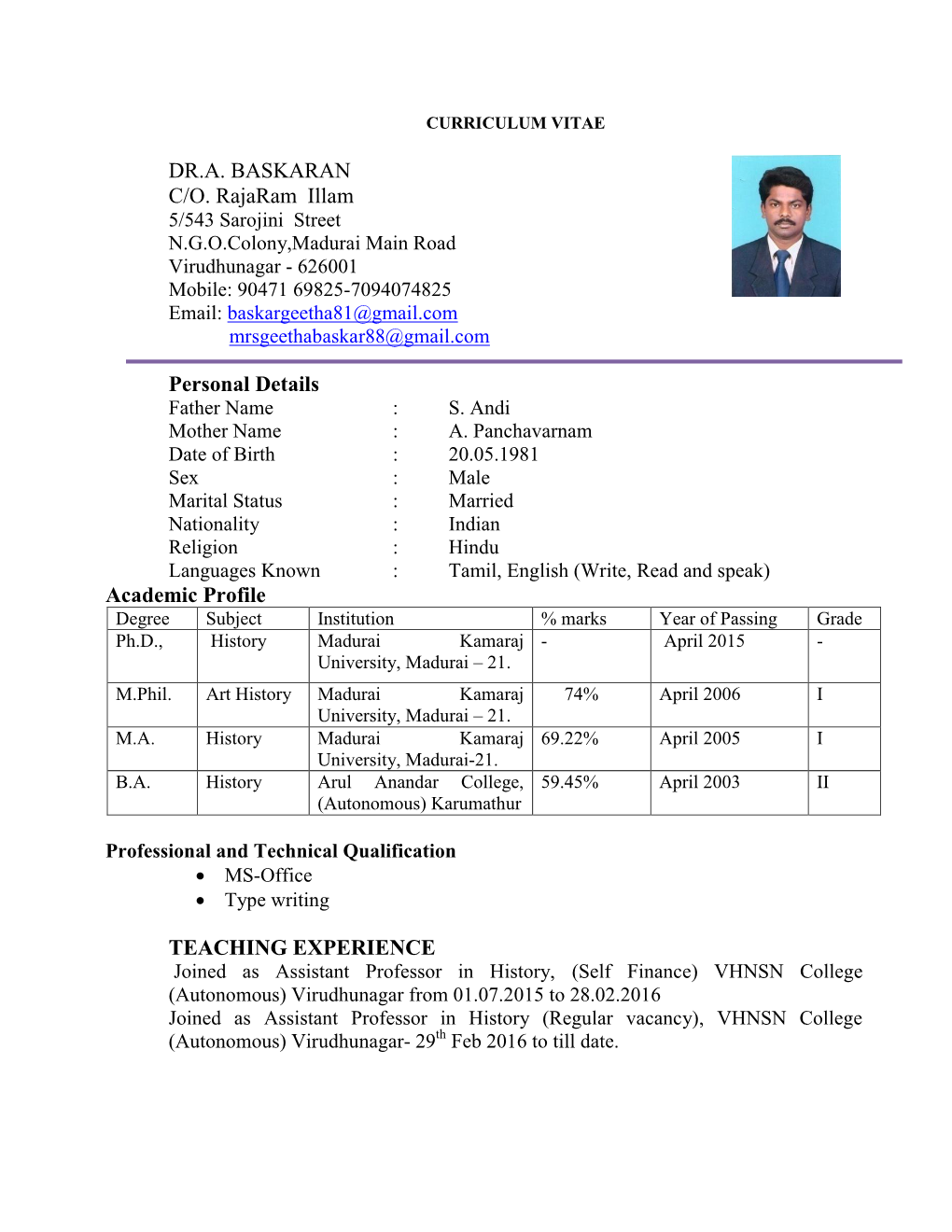 DR.A. BASKARAN C/O. Rajaram Illam