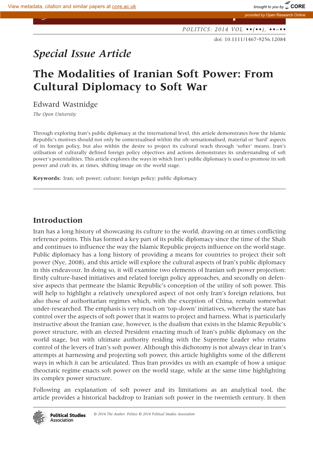 The Modalities of Iranian Soft Power: from Cultural Diplomacy to Soft War