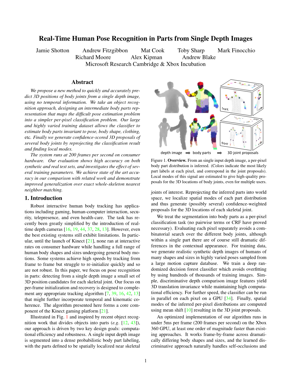 Real-Time Human Pose Recognition in Parts from Single Depth Images