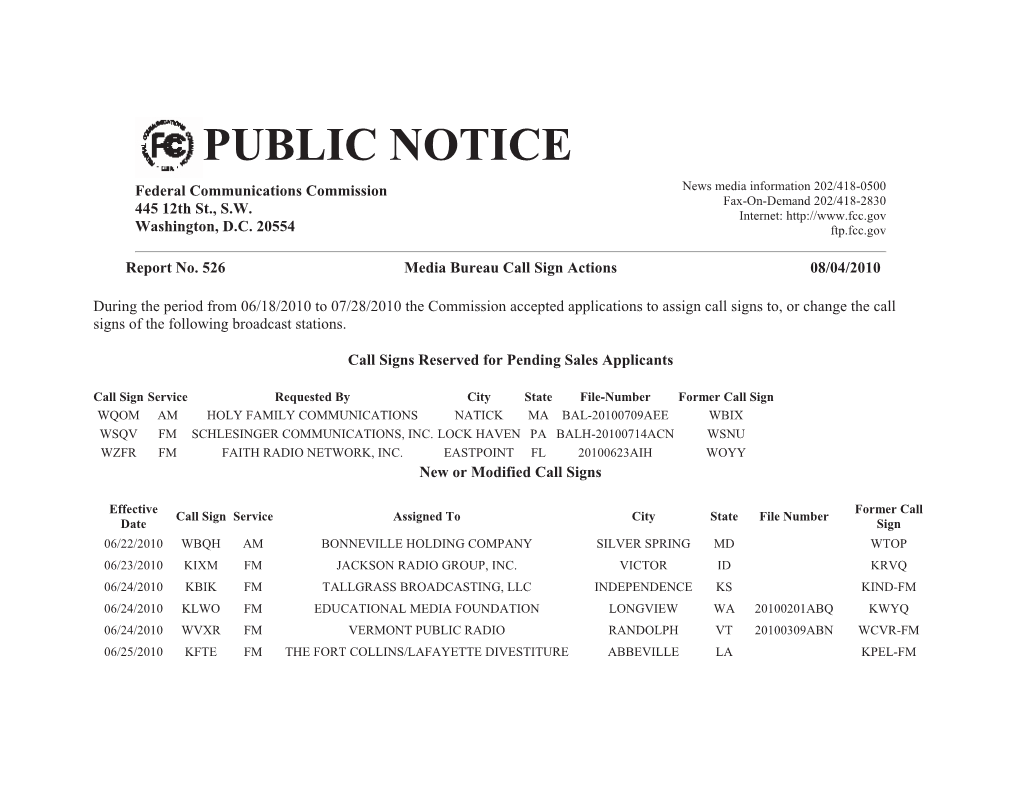 PUBLIC NOTICE Federal Communications Commission News Media Information 202/418-0500 Fax-On-Demand 202/418-2830 445 12Th St., S.W