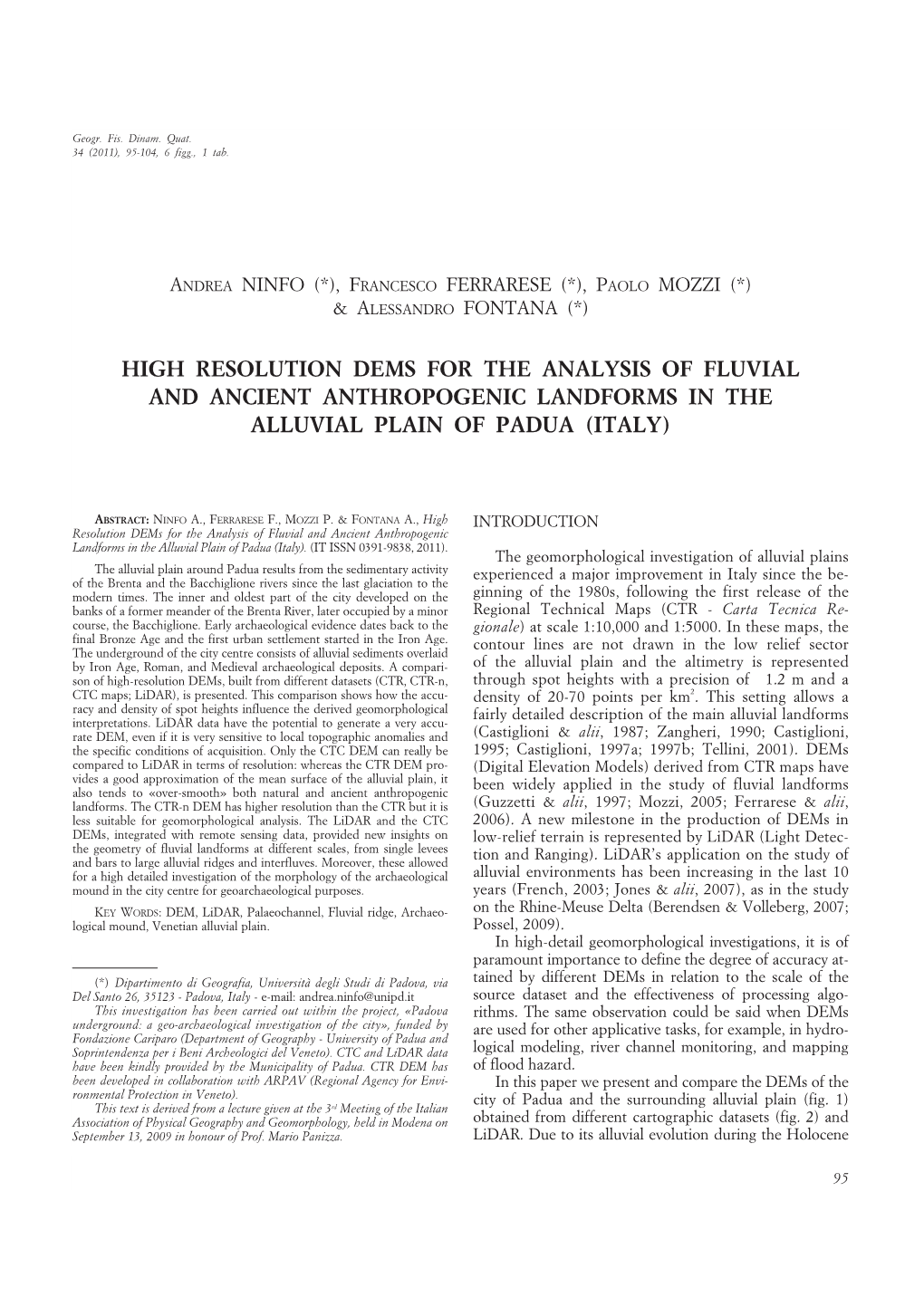 High Resolution Dems for the Analysis of Fluvial and Ancient Anthropogenic Landforms in the Alluvial Plain of Padua (Italy)