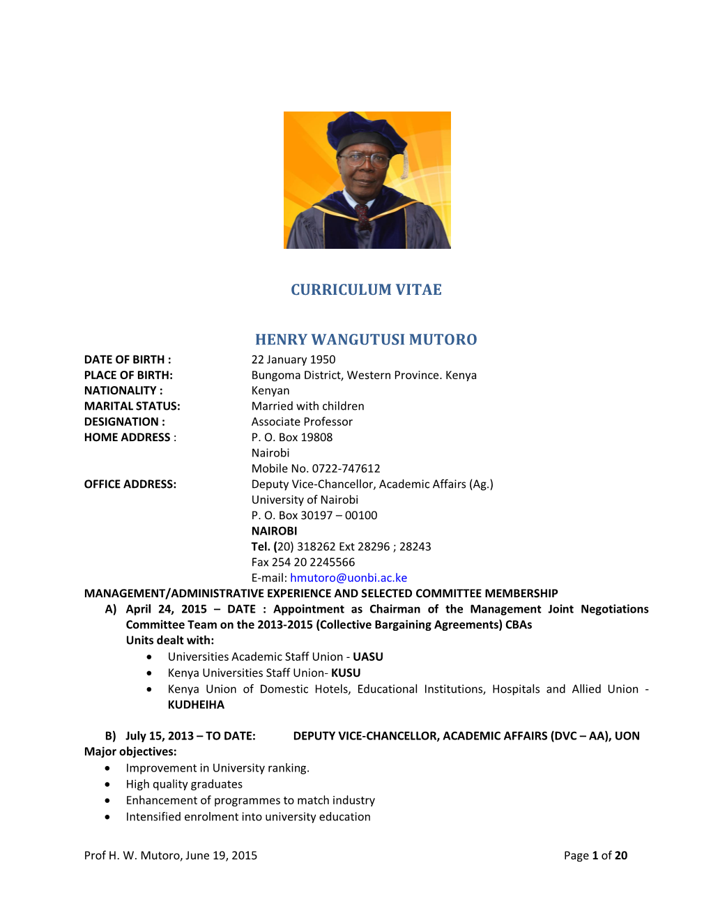 Curriculum Vitae Henry Wangutusi Mutoro