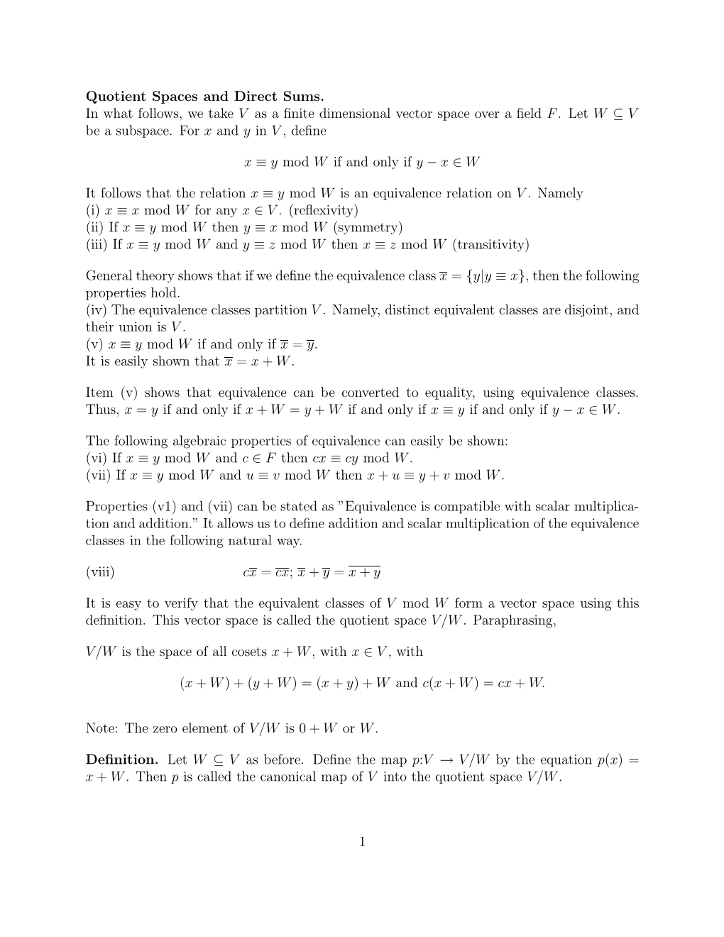 Quotient Spaces and Direct Sums. in What Follows, We Take V As a Finite