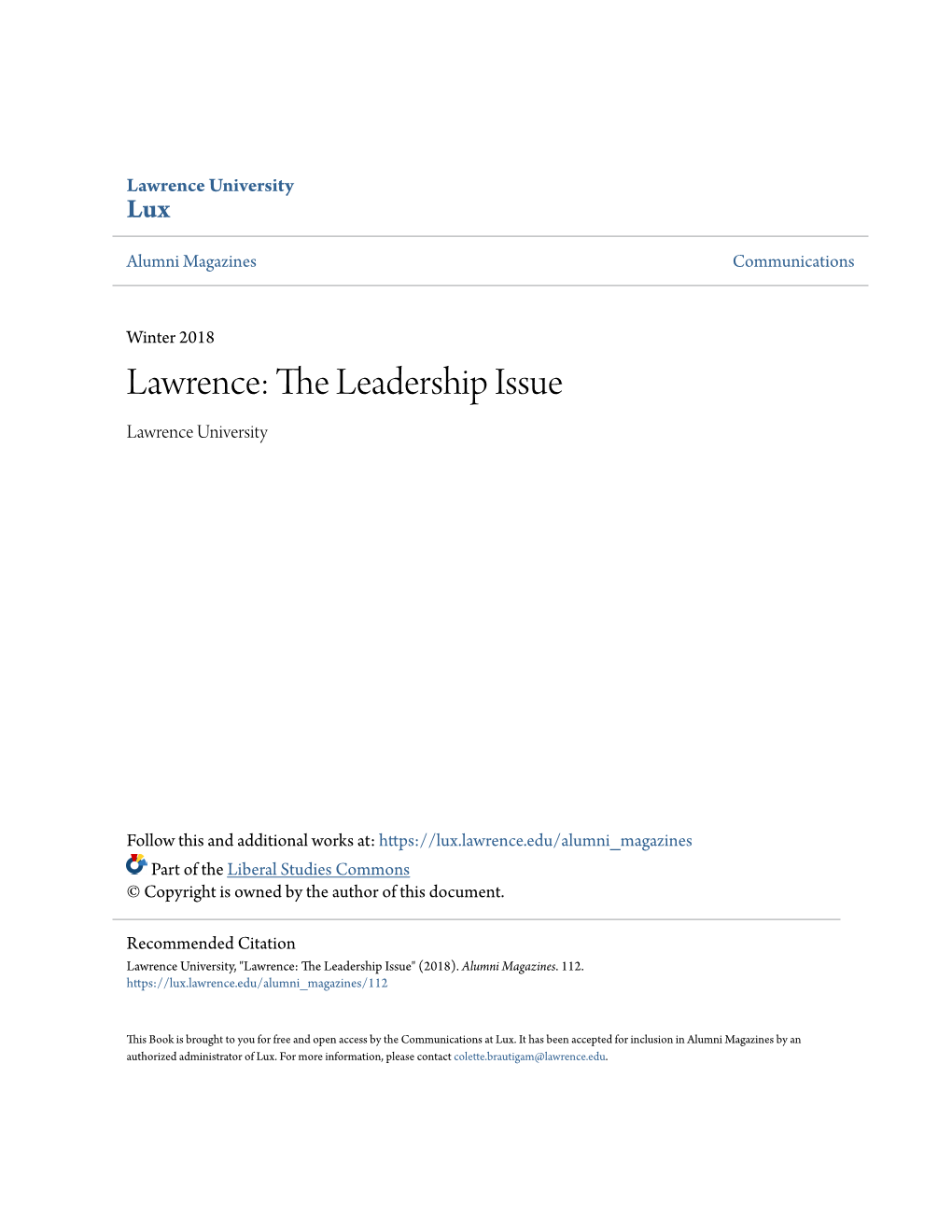 Lawrence: the Leadership Issue Lawrence University