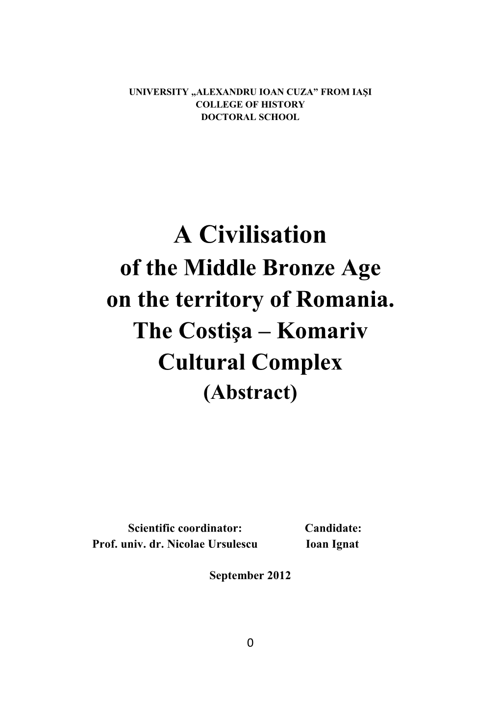 Ignat, Ioan, a Civilisation of the Middle Bronze Age on the Territory Of