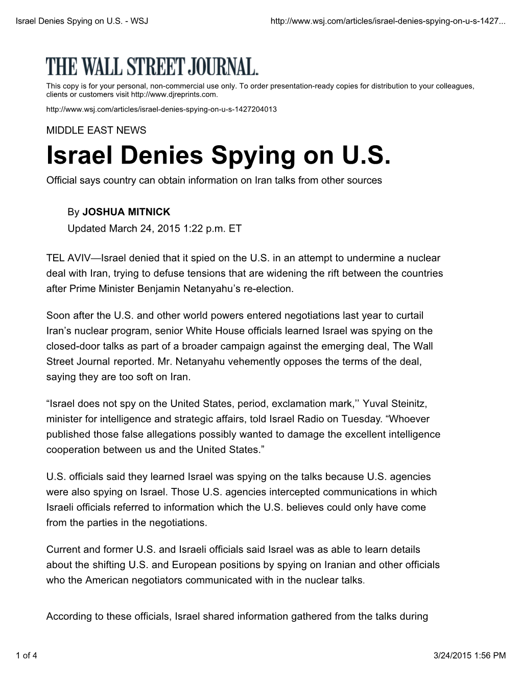 Israel Denies Spying on US