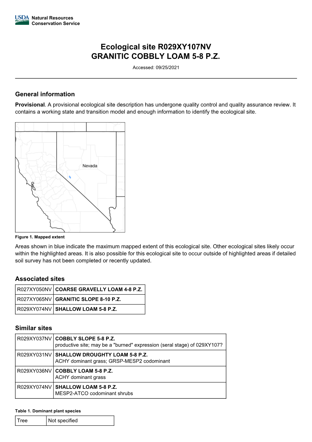 Ecological Site R029XY107NV GRANITIC COBBLY LOAM 5-8 P.Z