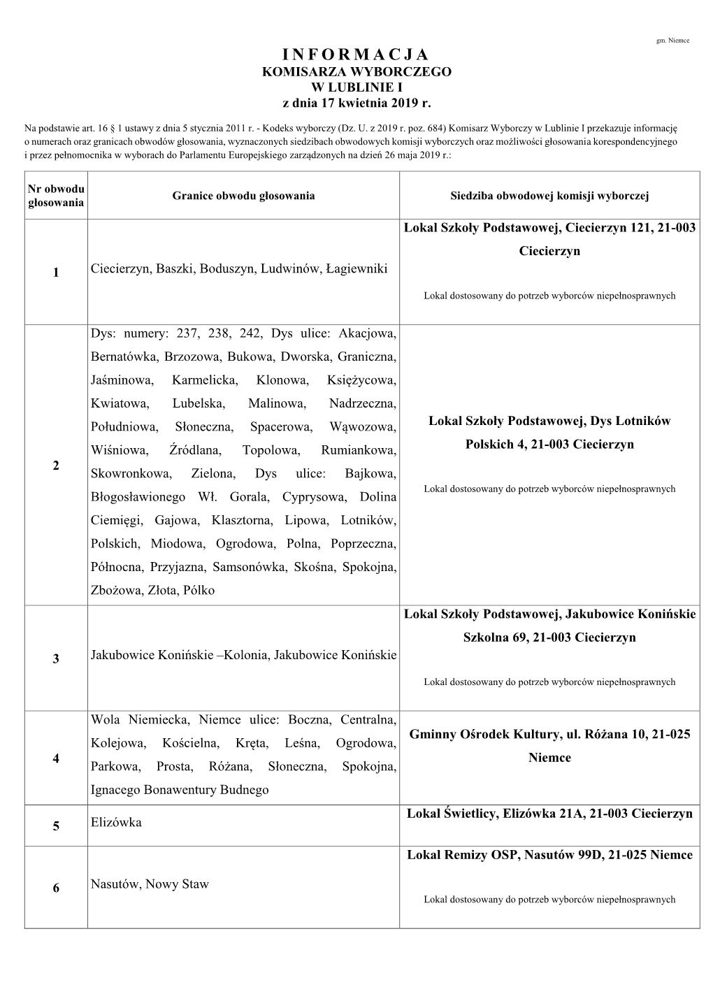 INFORMACJA KOMISARZA WYBORCZEGO W LUBLINIE I Z Dnia 17 Kwietnia 2019 R