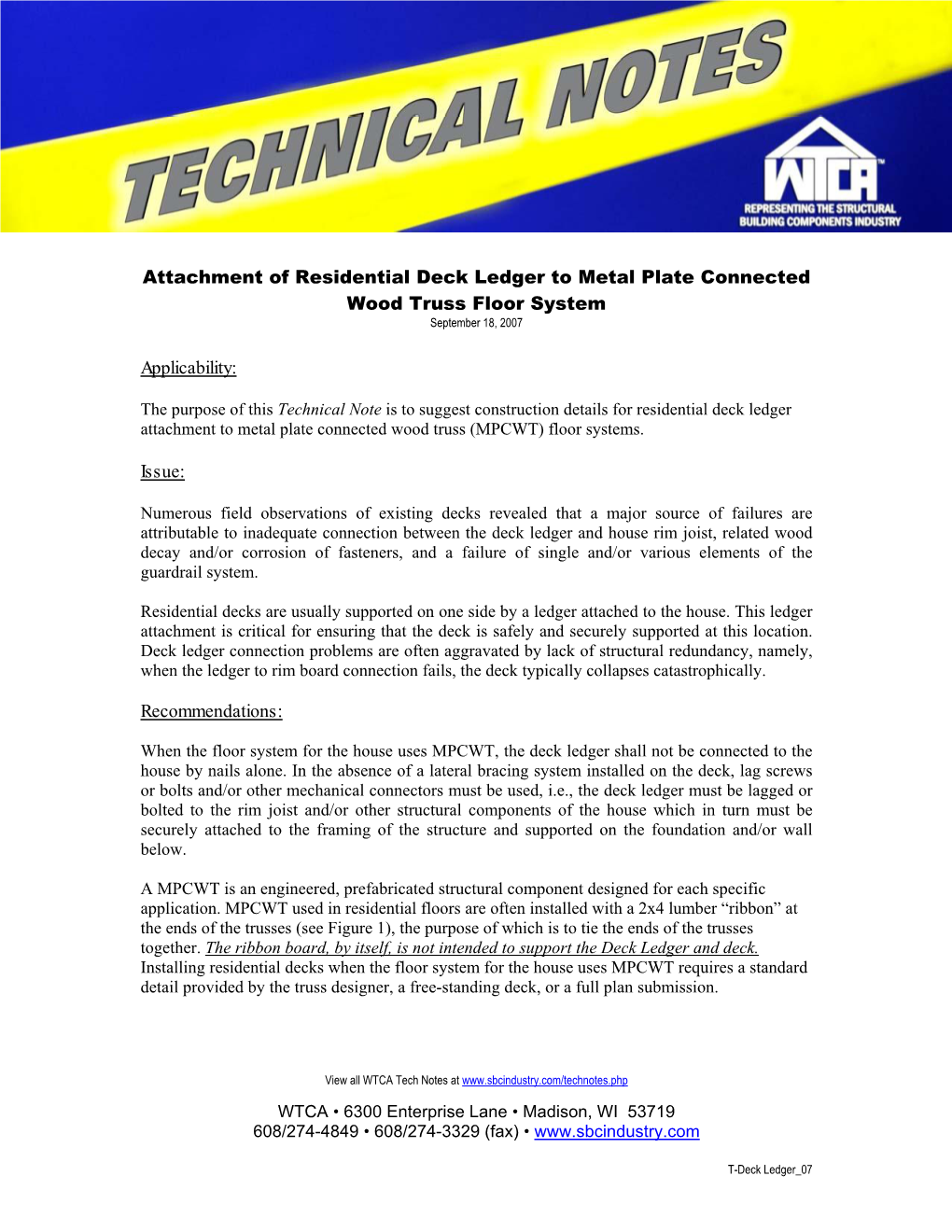 Attachment of Residential Deck Ledger to Metal Plate Connected Wood Truss Floor System Applicability