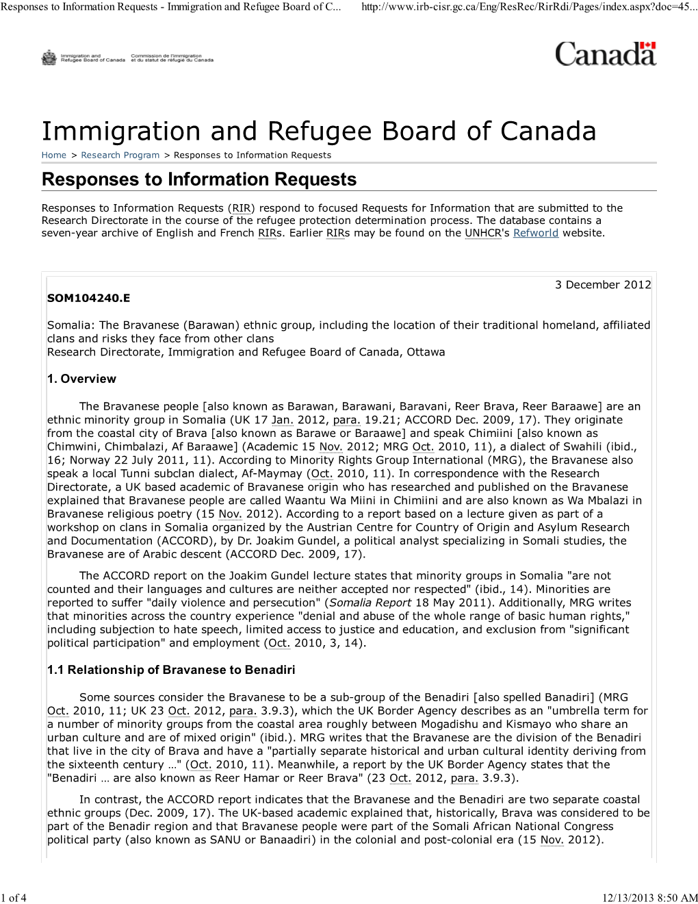 Immigration and Refugee Board of Canada Home > Research Program > Responses to Information Requests Responses to Information Requests