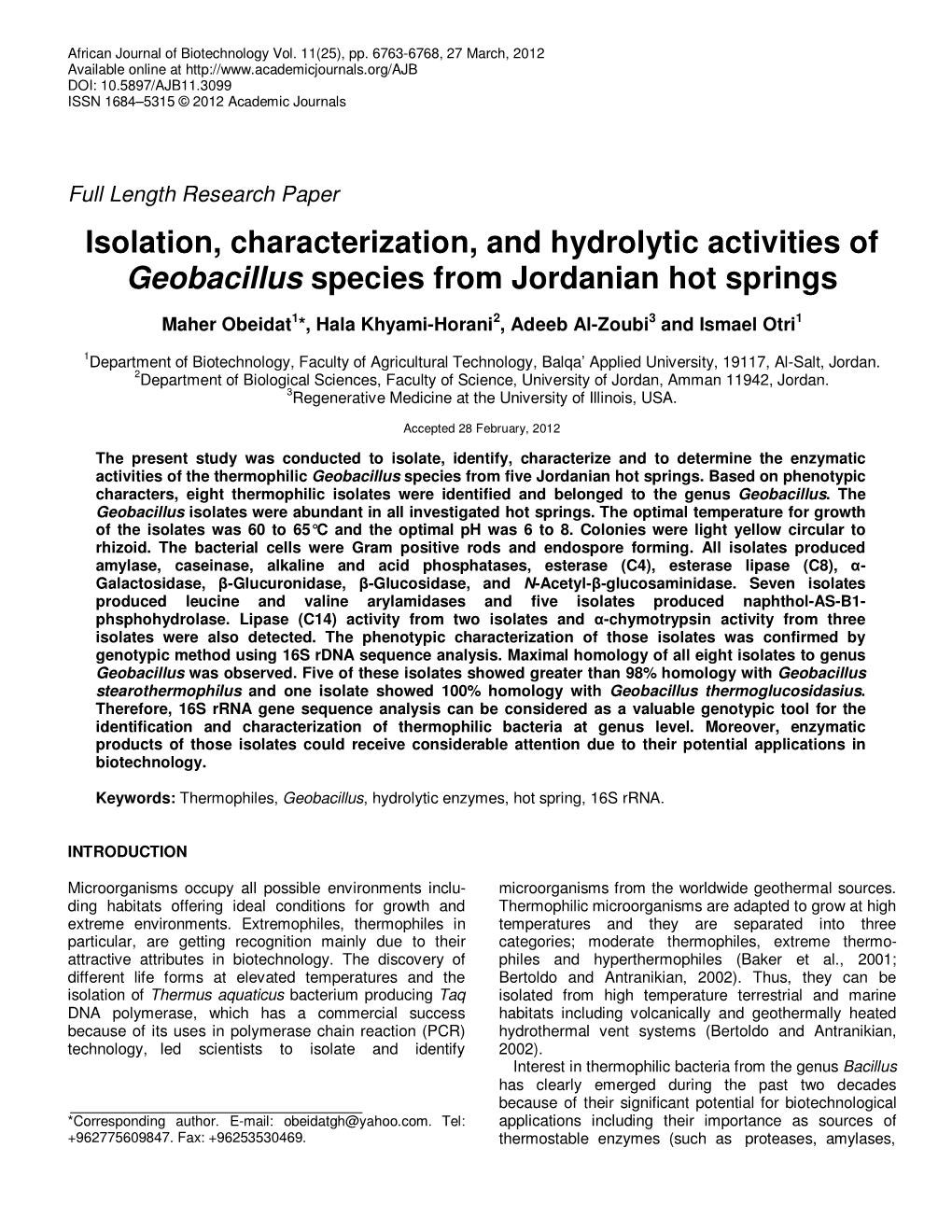 Isolation, Characterization, and Hydrolytic Activities of Geobacillus Species from Jordanian Hot Springs