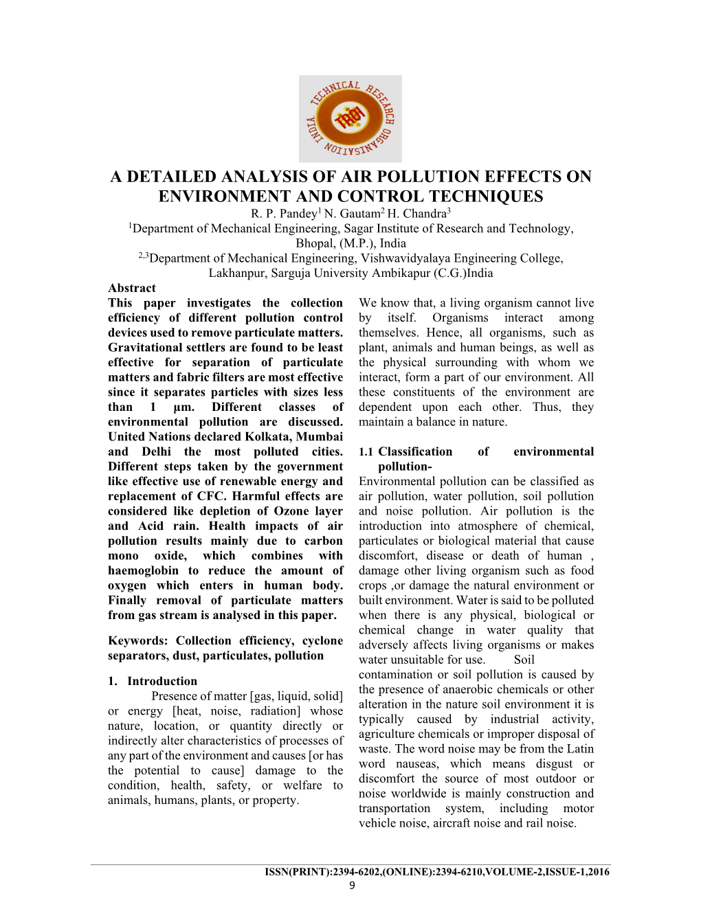 A Detailed Analysis of Air Pollution Effects on Environment and Control Techniques R