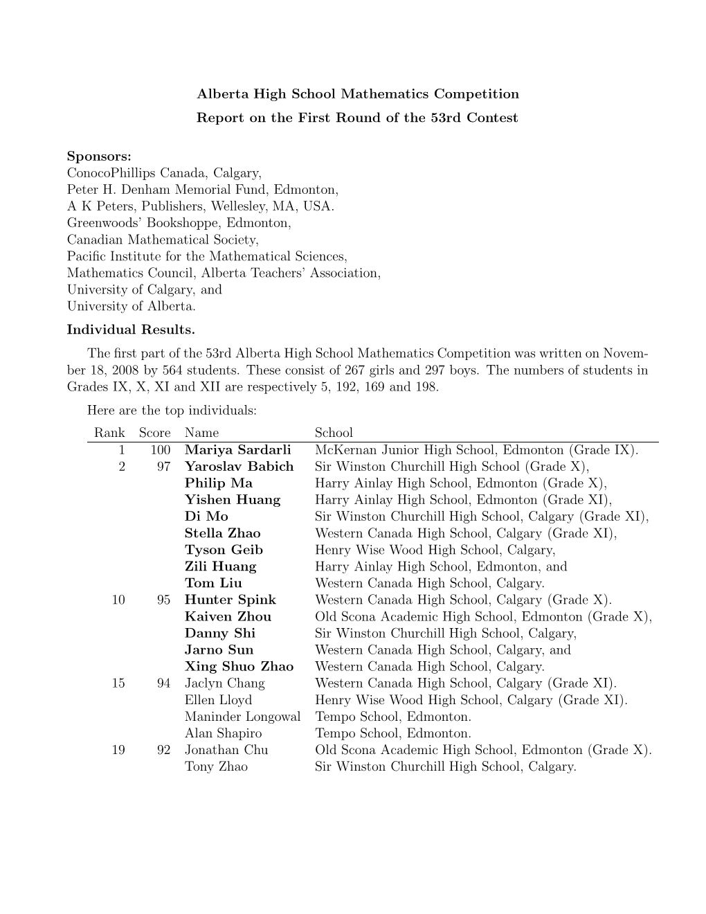 Alberta High School Mathematics Competition Report on the First Round of the 53Rd Contest