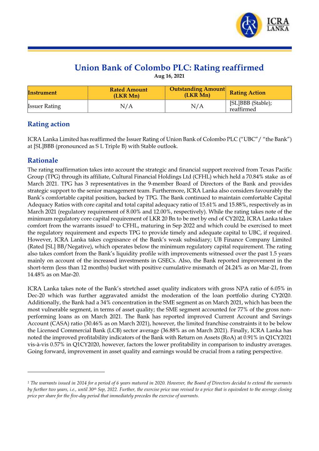 Union Bank of Colombo PLC: Rating Reaffirmed Aug 16, 2021