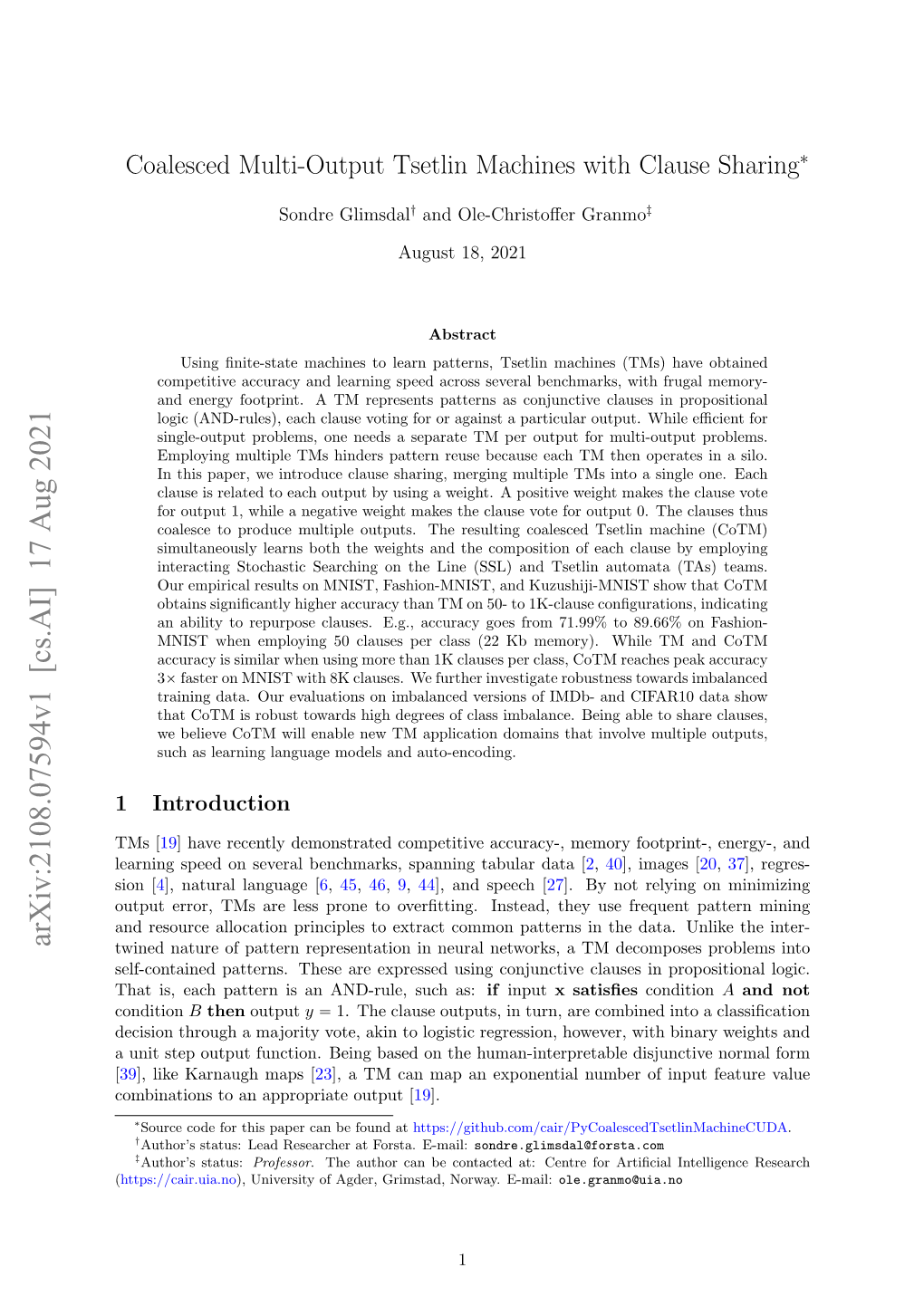 Coalesced Multi-Output Tsetlin Machines with Clause Sharing∗