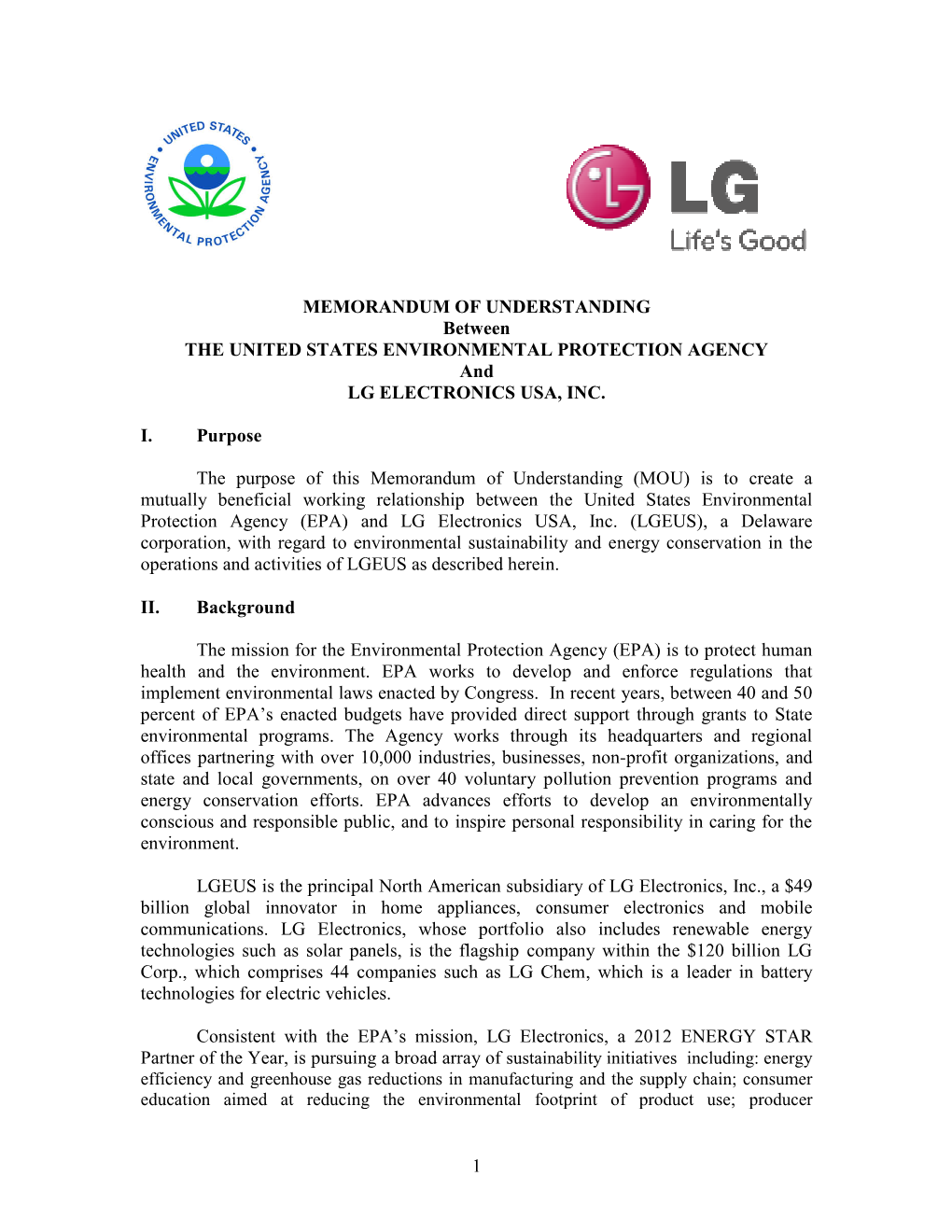 LG Electronics USA, Inc. Memorandum of Understanding