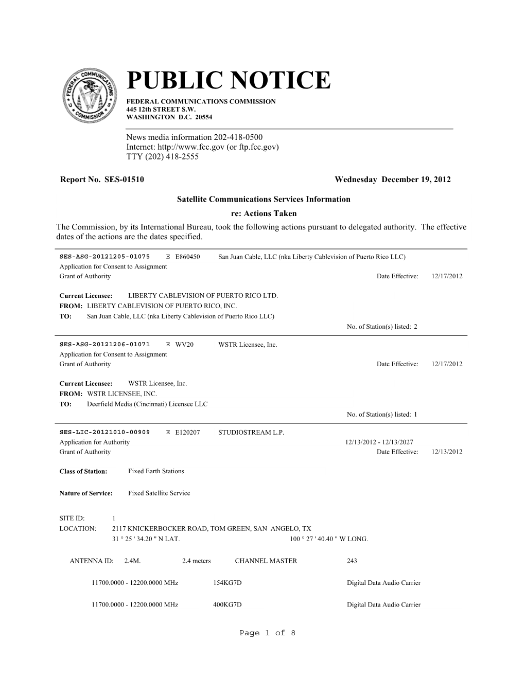 PUBLIC NOTICE FEDERAL COMMUNICATIONS COMMISSION 445 12Th STREET S.W