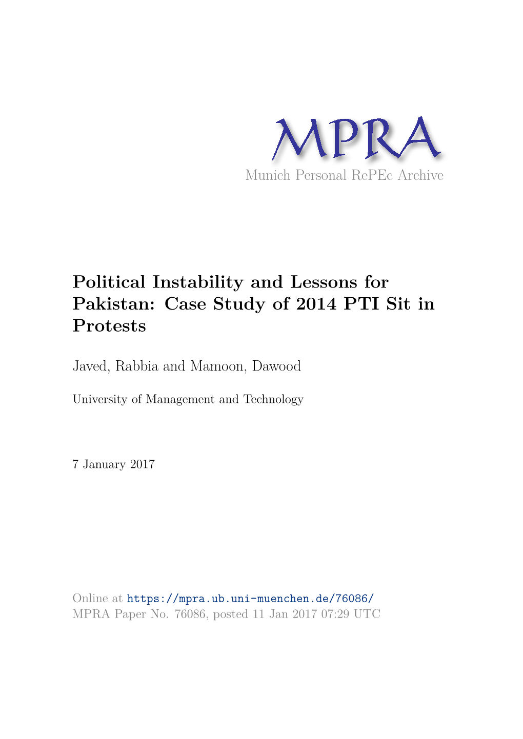 Political Instability and Lessons for Pakistan: Case Study of 2014 PTI Sit in Protests