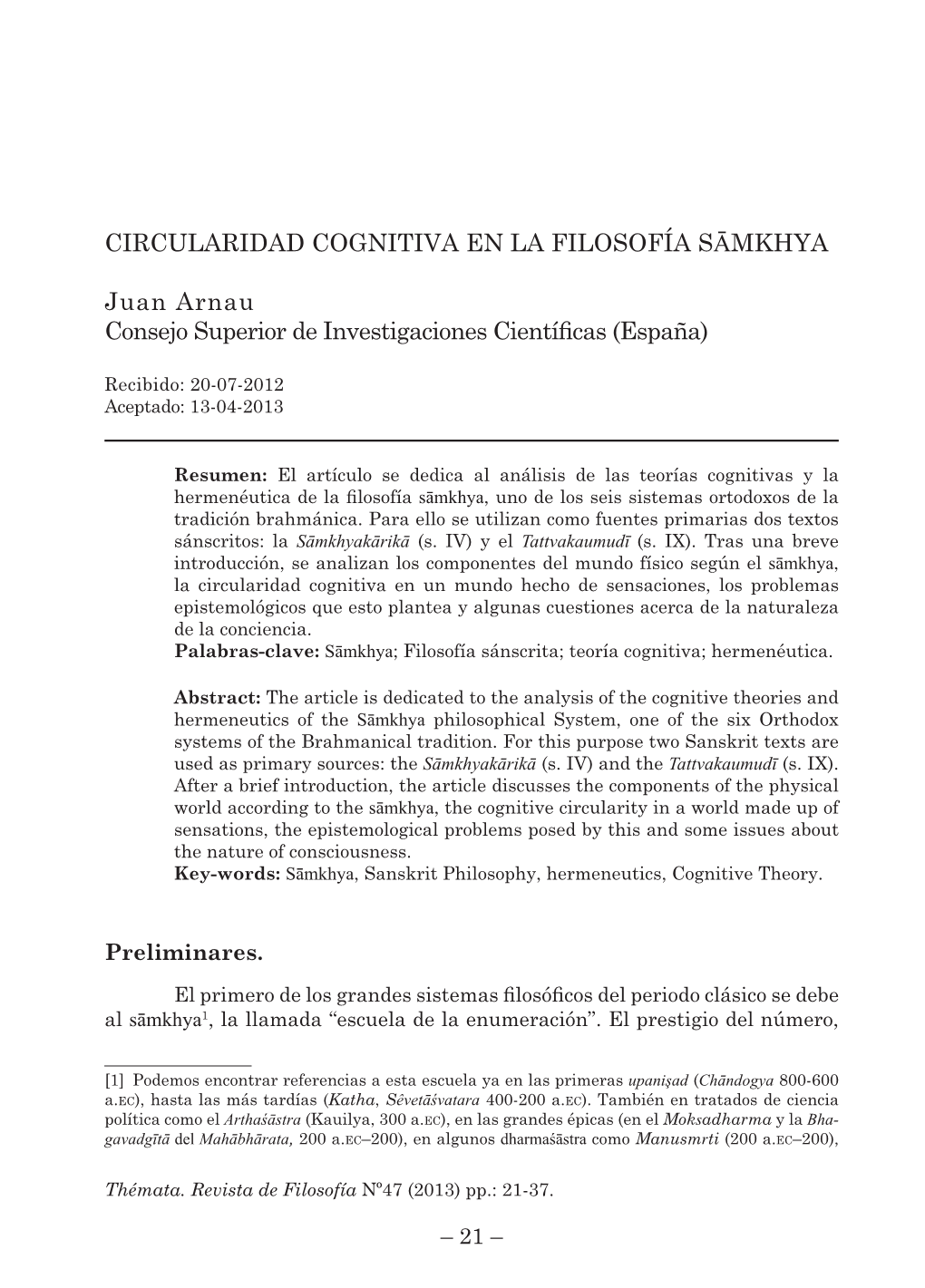 Circularidad Cognitiva En La Filosofía Sāmkhya