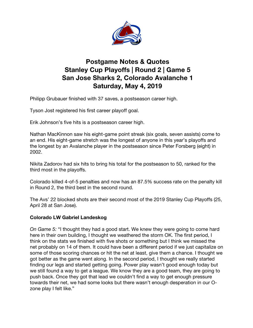 Postgame Notes & Quotes Stanley Cup Playoffs | Round 2 | Game 5