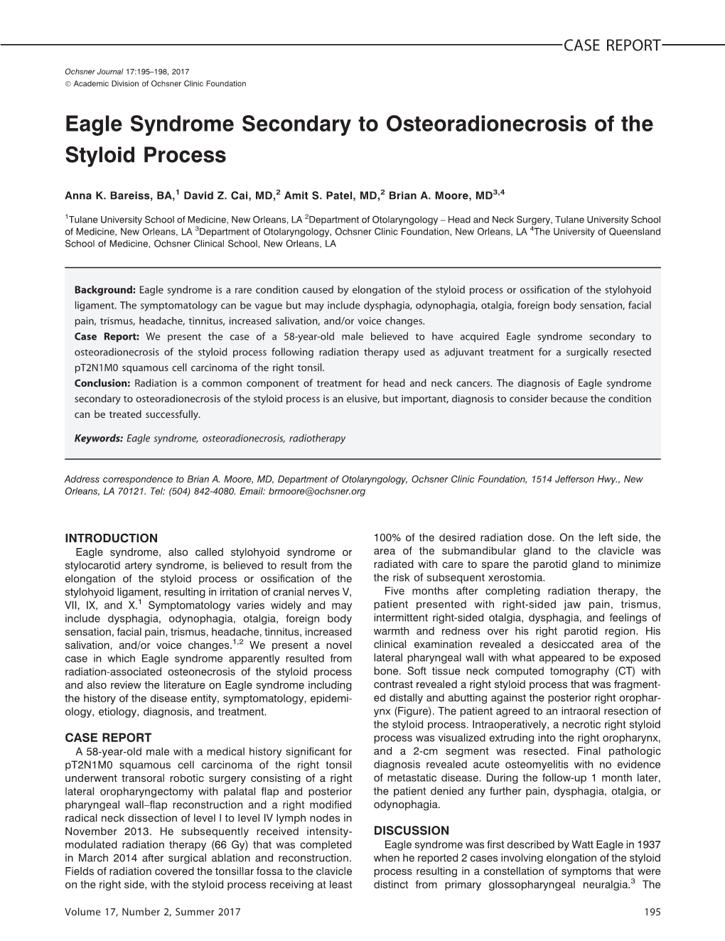 Eagle Syndrome Secondary to Osteoradionecrosis of the Styloid Process