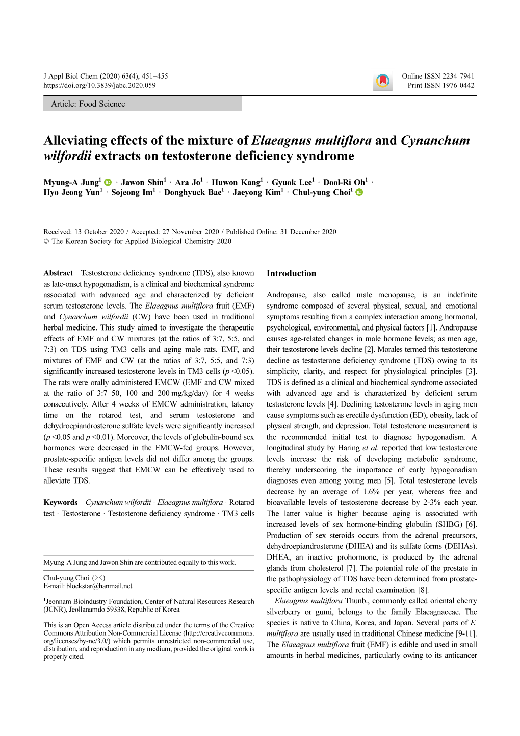 Alleviating Effects of the Mixture of Elaeagnus Multiflora and Cynanchum Wilfordii Extracts on Testosterone Deficiency Syndrome