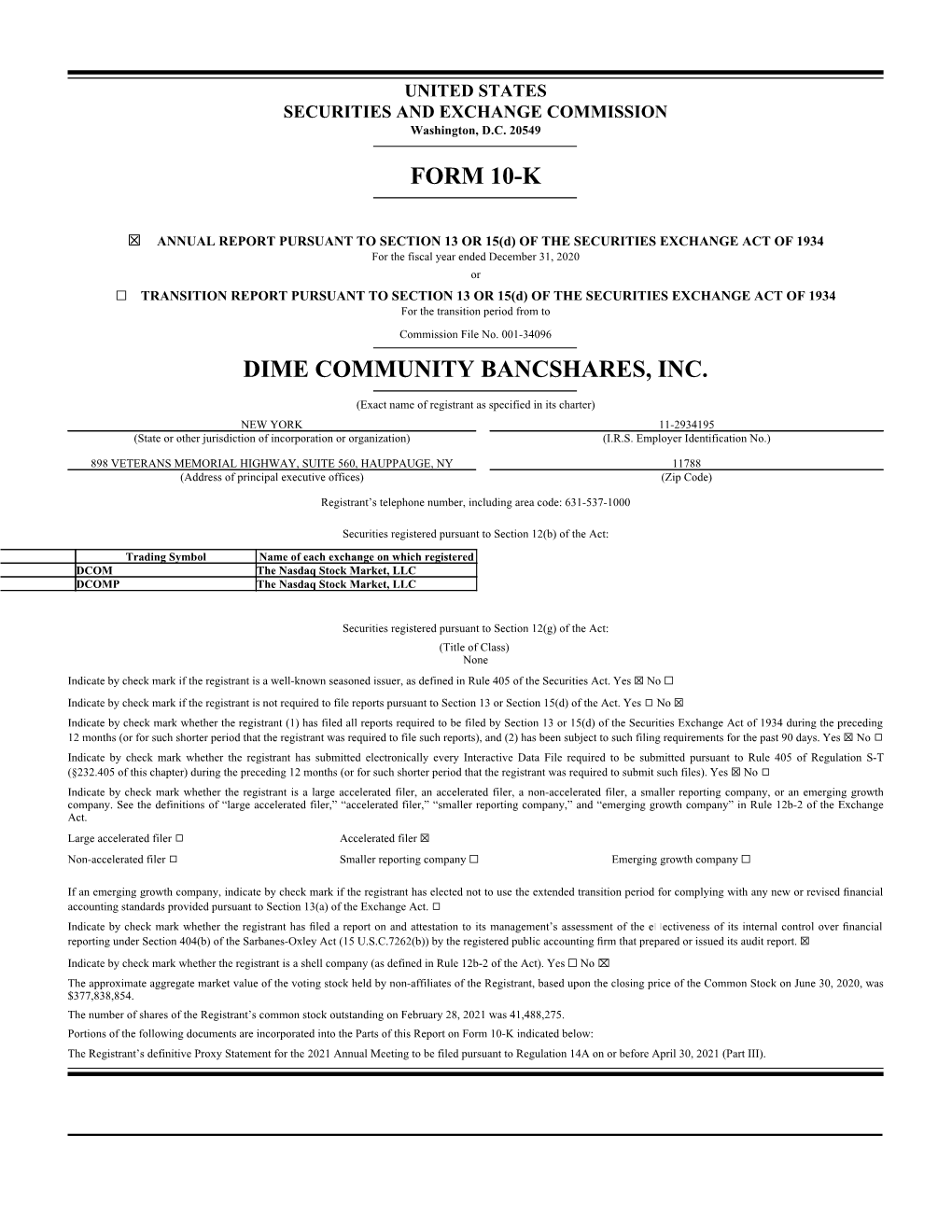 Form 10-K Dime Community Bancshares, Inc