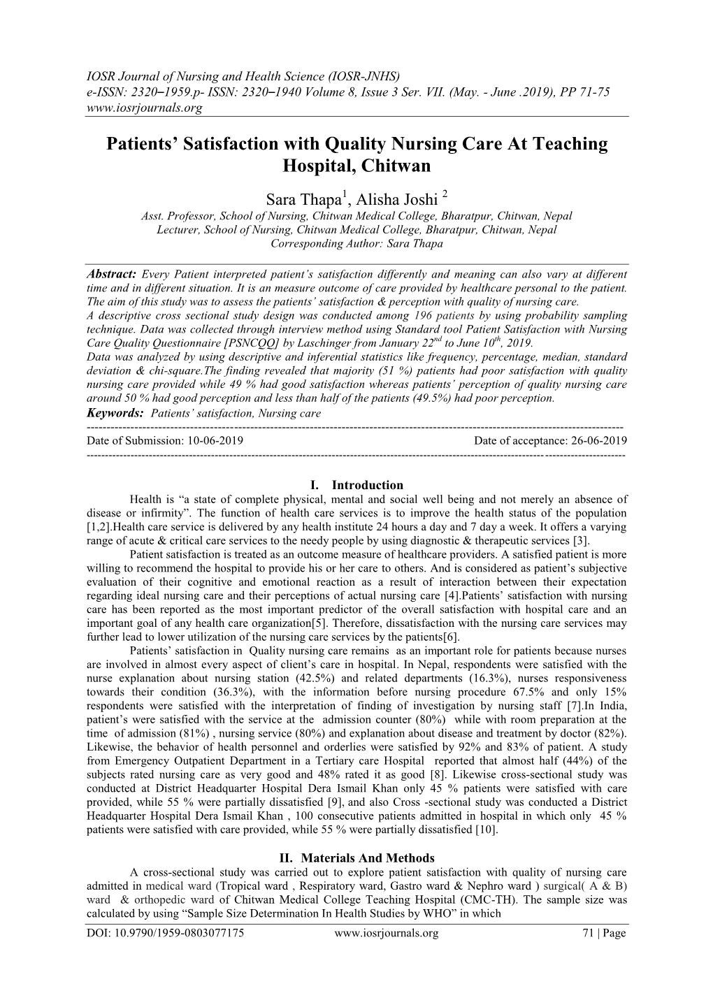 Patients' Satisfaction with Quality Nursing Care at Teaching Hospital