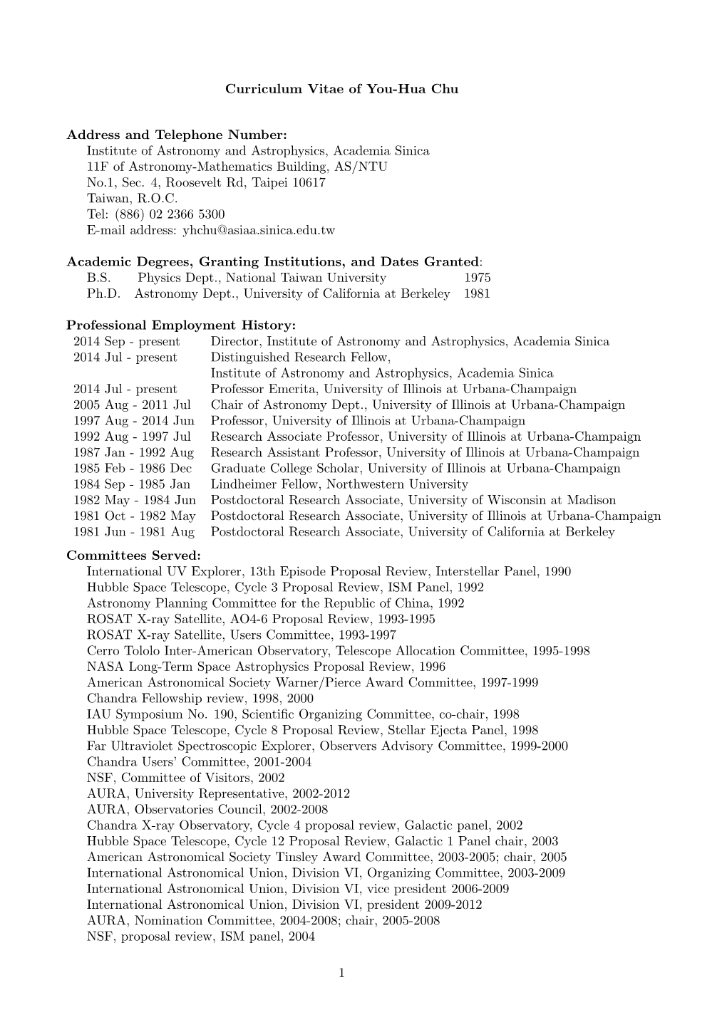 Curriculum Vitae of You-Hua Chu