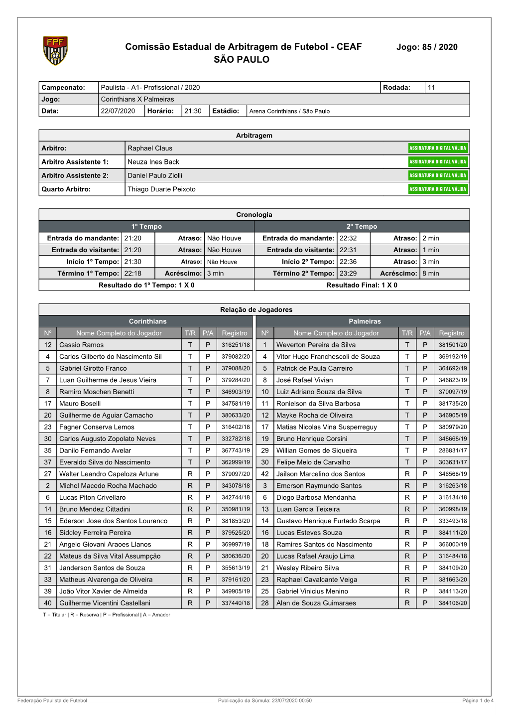 Comissão Estadual De Arbitragem De Futebol - CEAF Jogo: 85 / 2020 SÃO PAULO