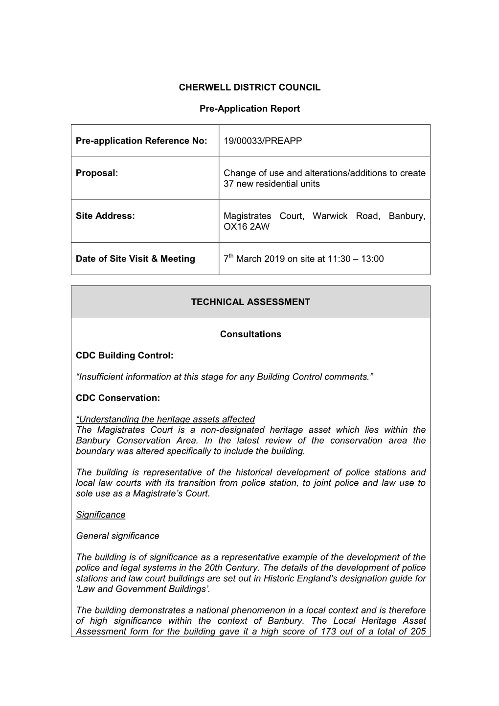 Banbury Magistrates Court – Cherwell District Council Pre App Response