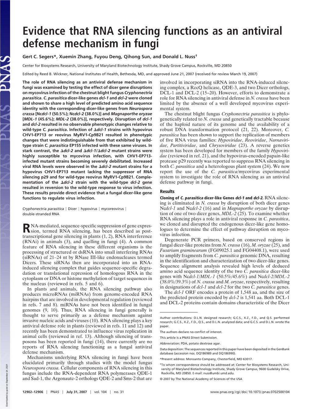 RNA Silencing Functions As an Antiviral Defense Mechanism in Fungi