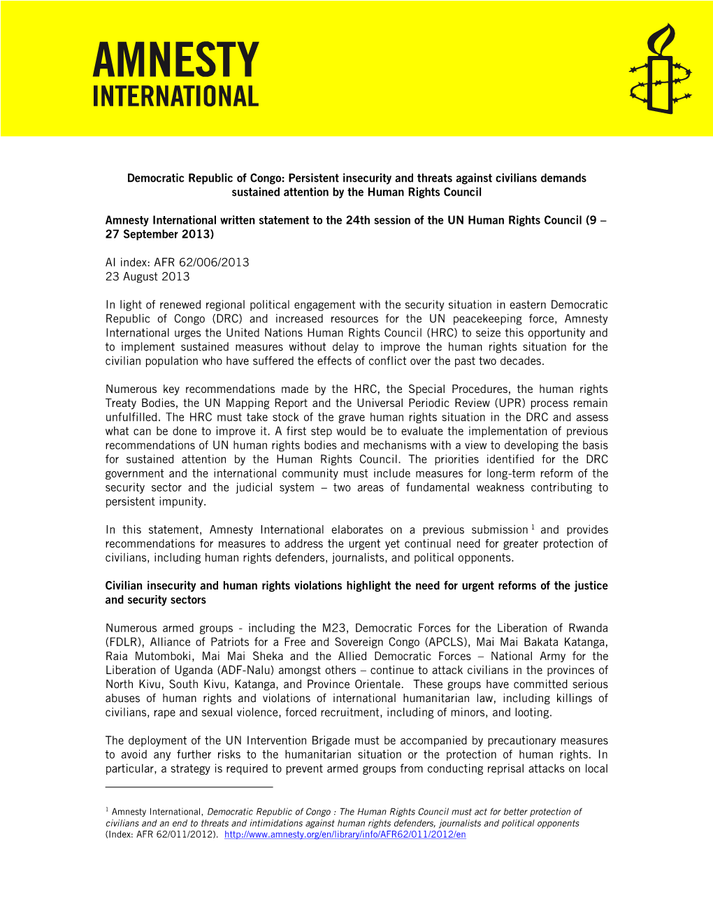 Democratic Republic of Congo: Persistent Insecurity and Threats Against Civilians Demands Sustained Attention by the Human Rights Council