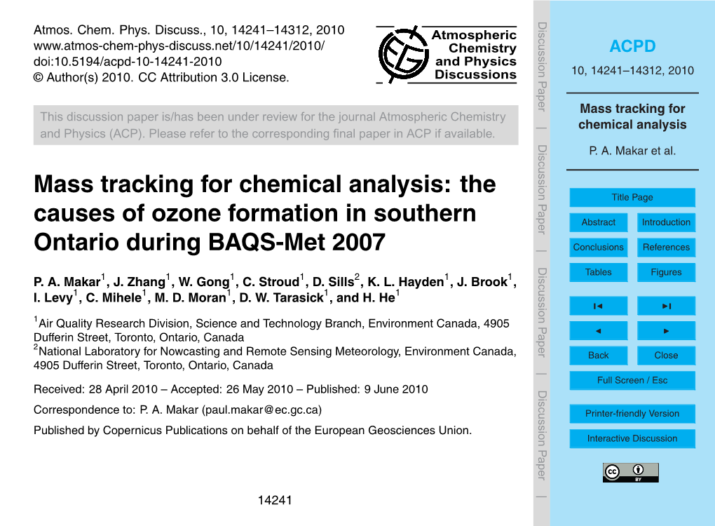 Mass Tracking for Chemical Analysis: the Title Page Causes of Ozone Formation in Southern Abstract Introduction