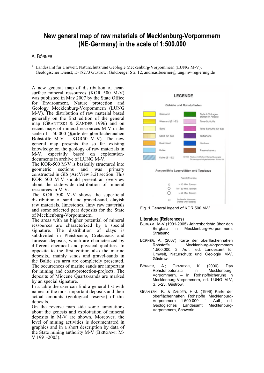 New General Map of Raw Materials of Mecklenburg-Vorpommern (NE-Germany) in the Scale of 1:500.000