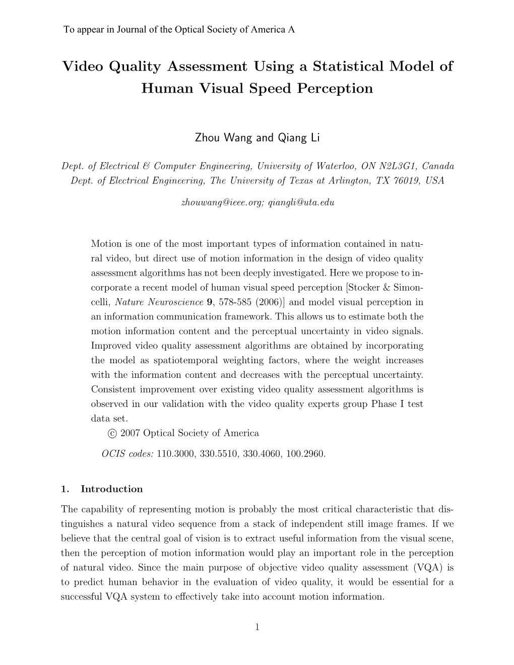 Video Quality Assessment Using a Statistical Model of Human Visual Speed Perception