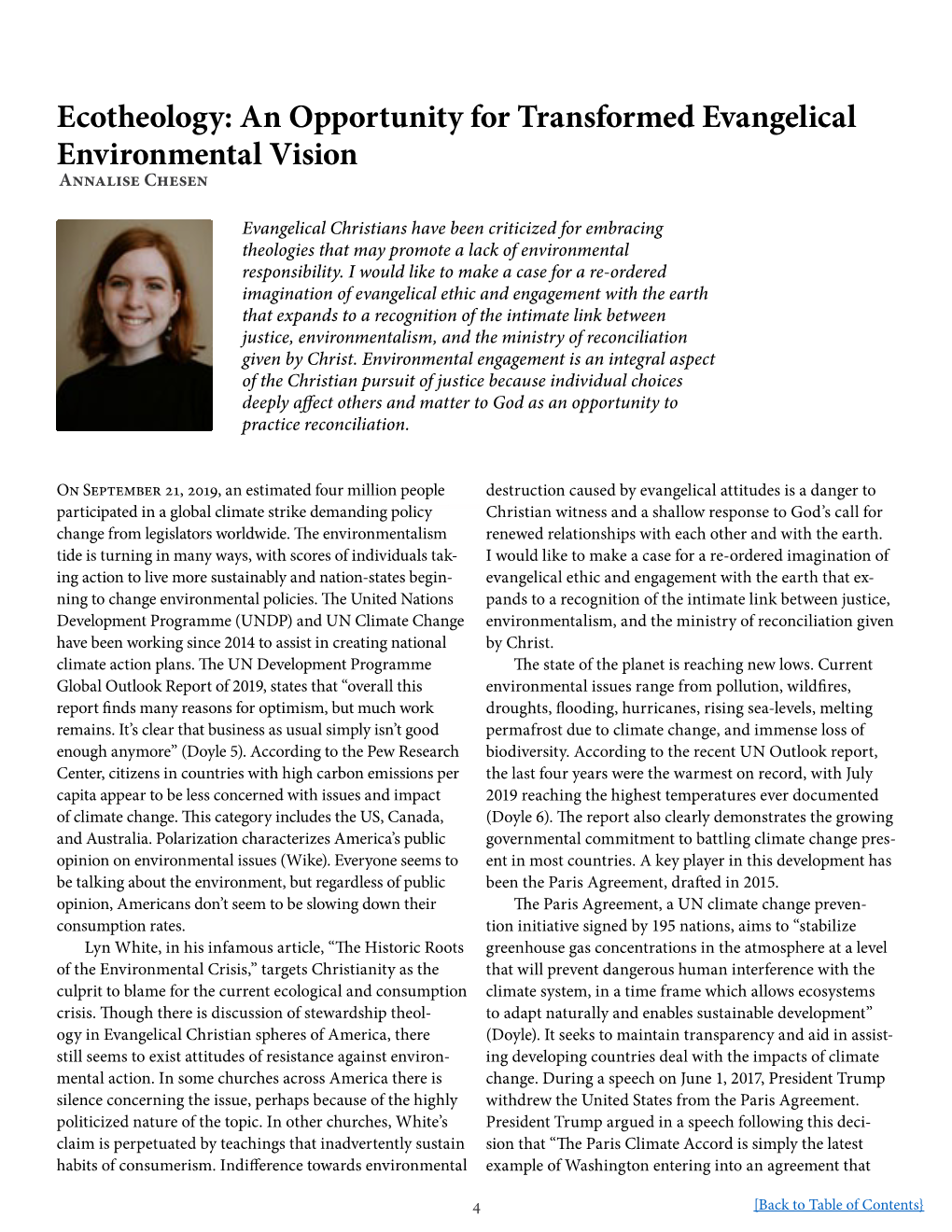 Ecotheology: an Opportunity for Transformed Evangelical Environmental Vision Annalise Chesen