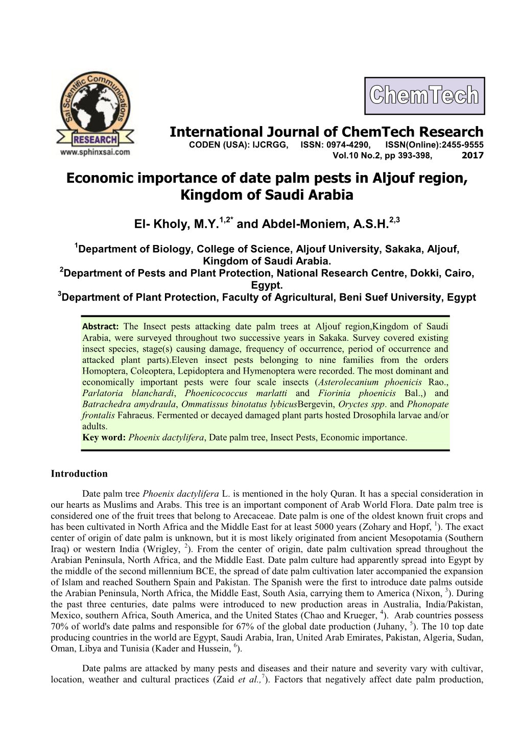 Economic Importance of Date Palm Pests in Aljouf Region, Kingdom of Saudi Arabia