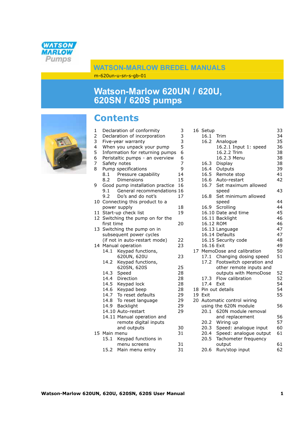 Watson-Marlow 620UN / 620U, 620SN / 620S Pumps Contents