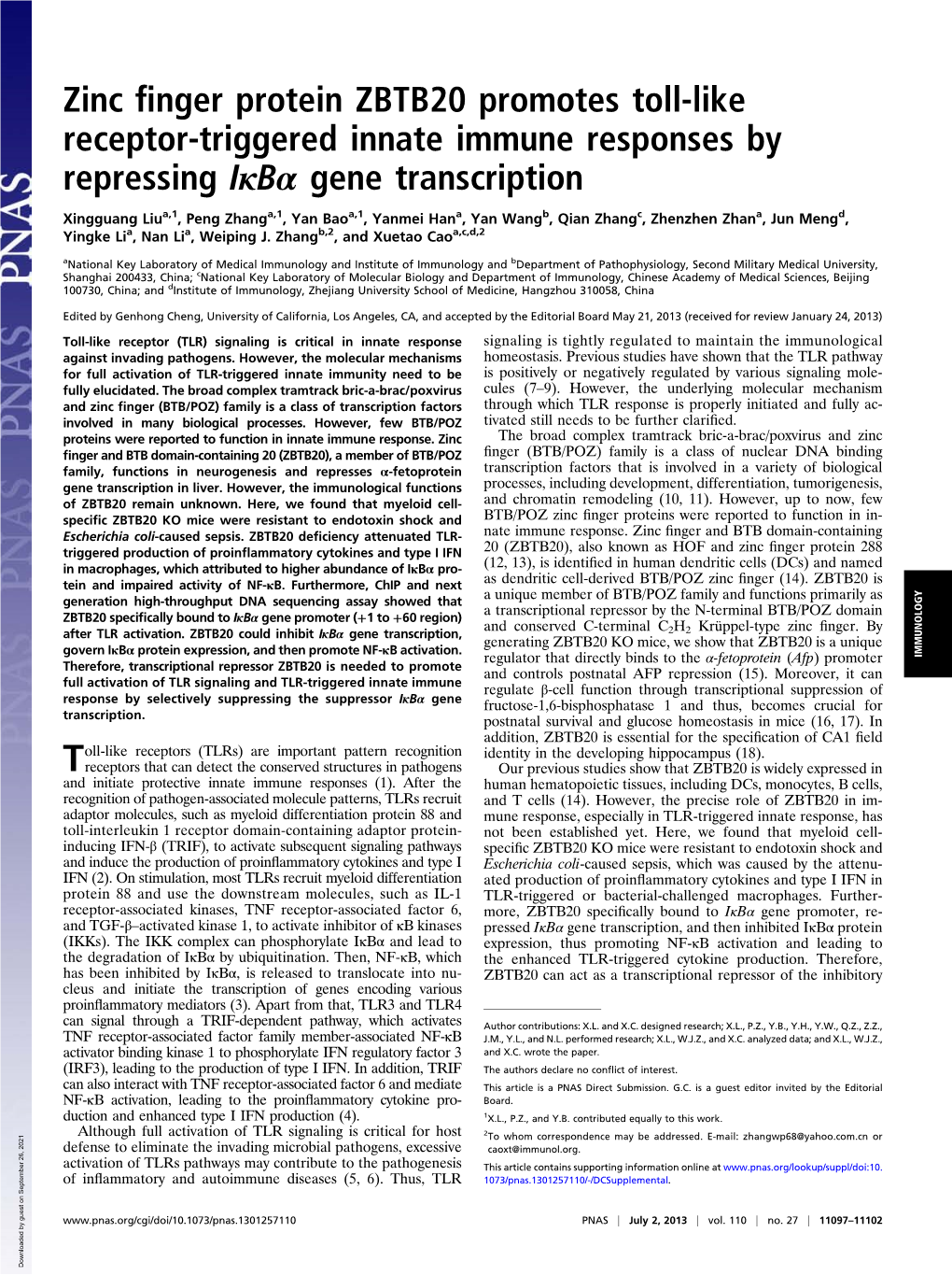 Zinc Finger Protein ZBTB20 Promotes Toll-Like Receptor-Triggered Innate