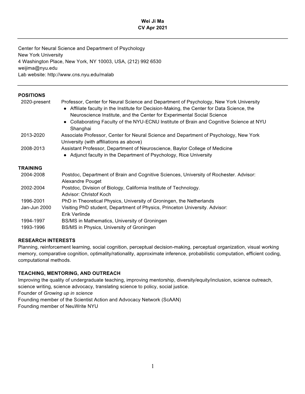 Wei Ji Ma CV Apr 2021 Center for Neural Science