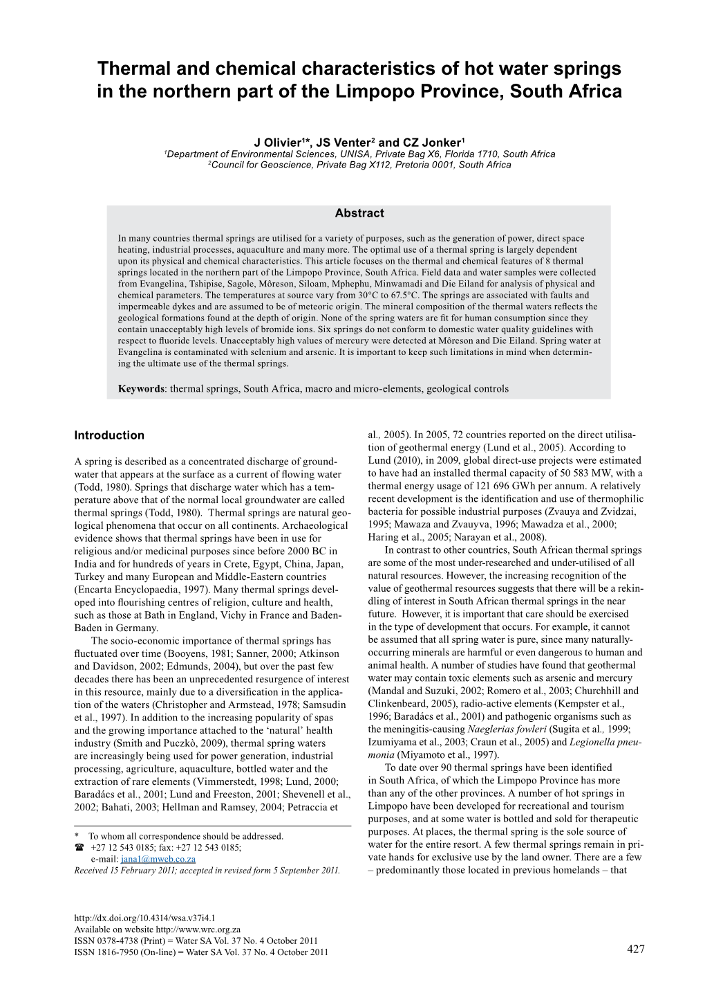 Thermal and Chemical Characteristics of Hot Water Springs in the Northern Part of the Limpopo Province, South Africa