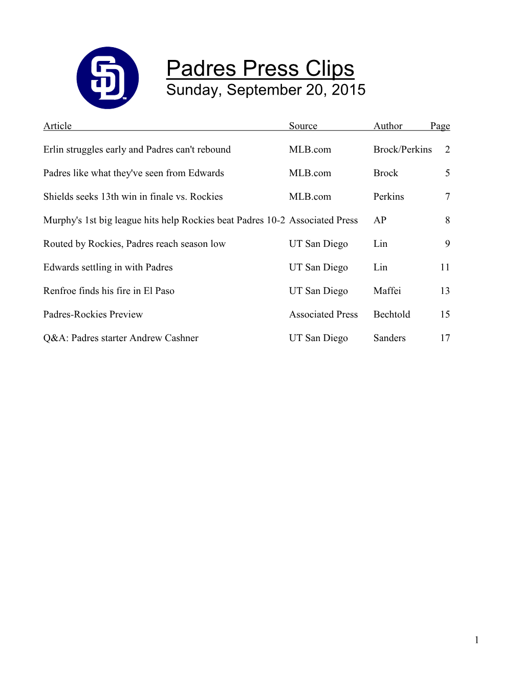 Padres Press Clips Sunday, September 20, 2015