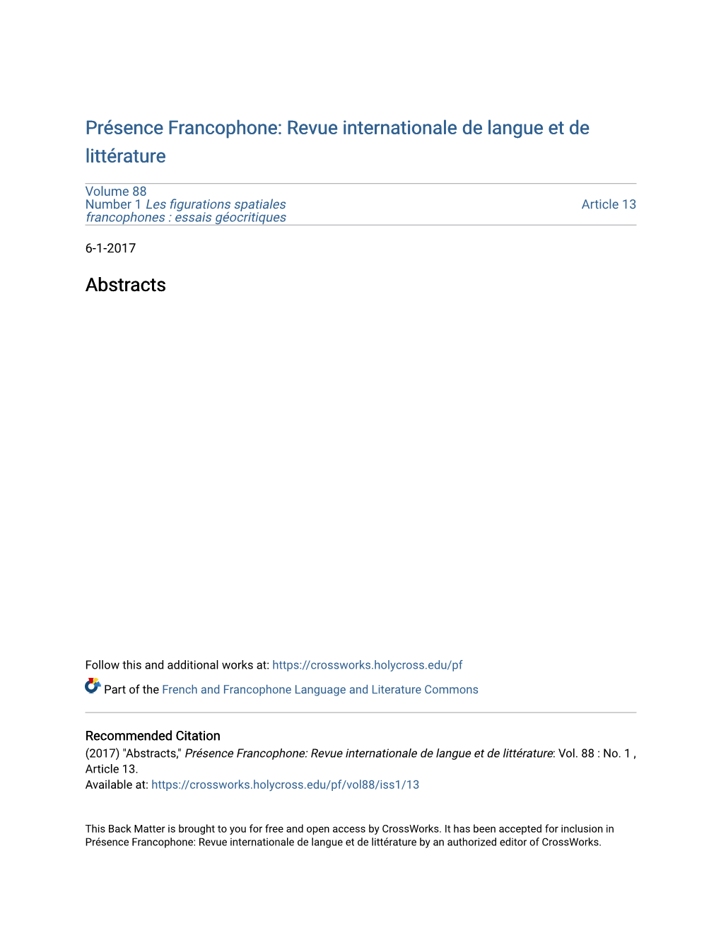 Présence Francophone: Revue Internationale De Langue Et De Littérature