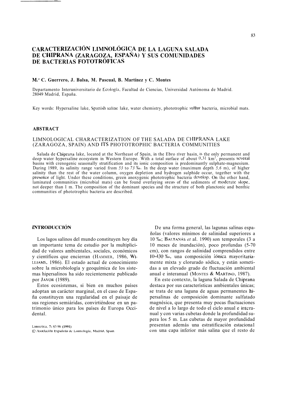 Caracterización Limnológica De La Laguna Salada De Chiprana (Zaragoza, Espana) Y Sus Comunidades De Bacterias Fototr~Ficas