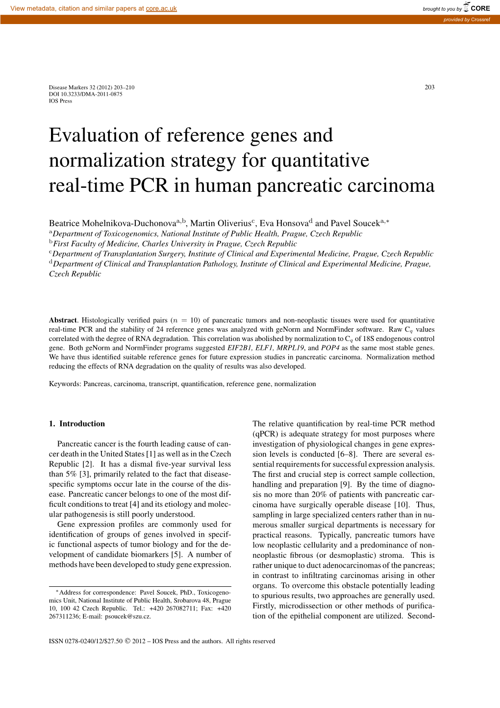 Evaluation of Reference Genes and Normalization Strategy for Quantitative Real-Time PCR in Human Pancreatic Carcinoma