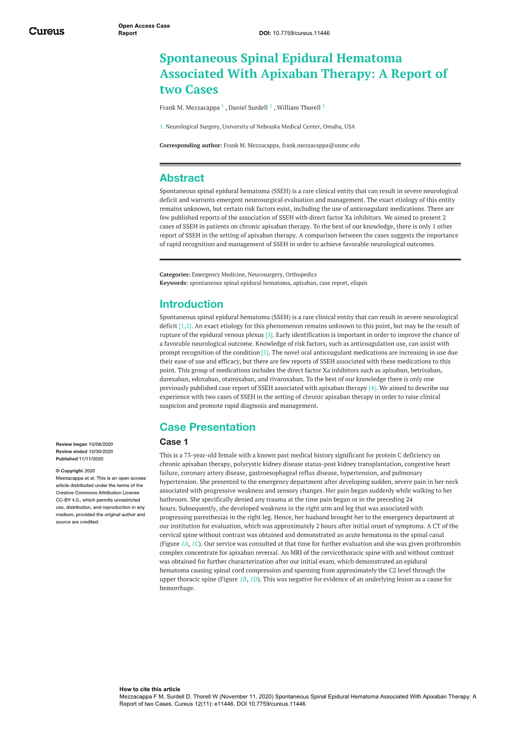 Spontaneous Spinal Epidural Hematoma Associated with Apixaban Therapy: a Report of Two Cases