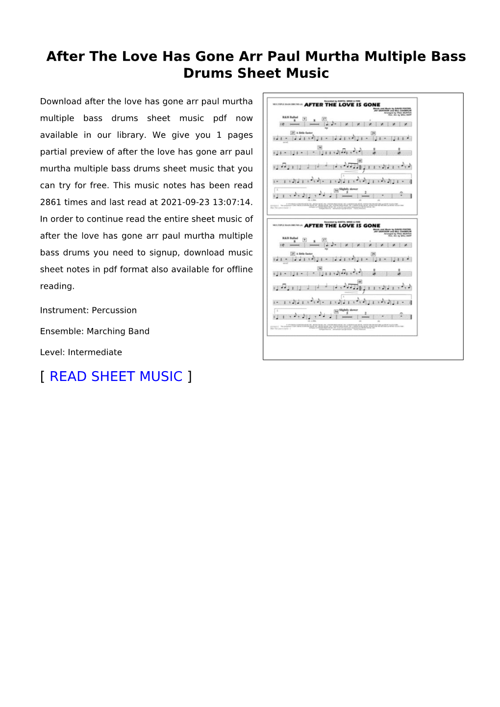 After the Love Has Gone Arr Paul Murtha Multiple Bass Drums Sheet Music